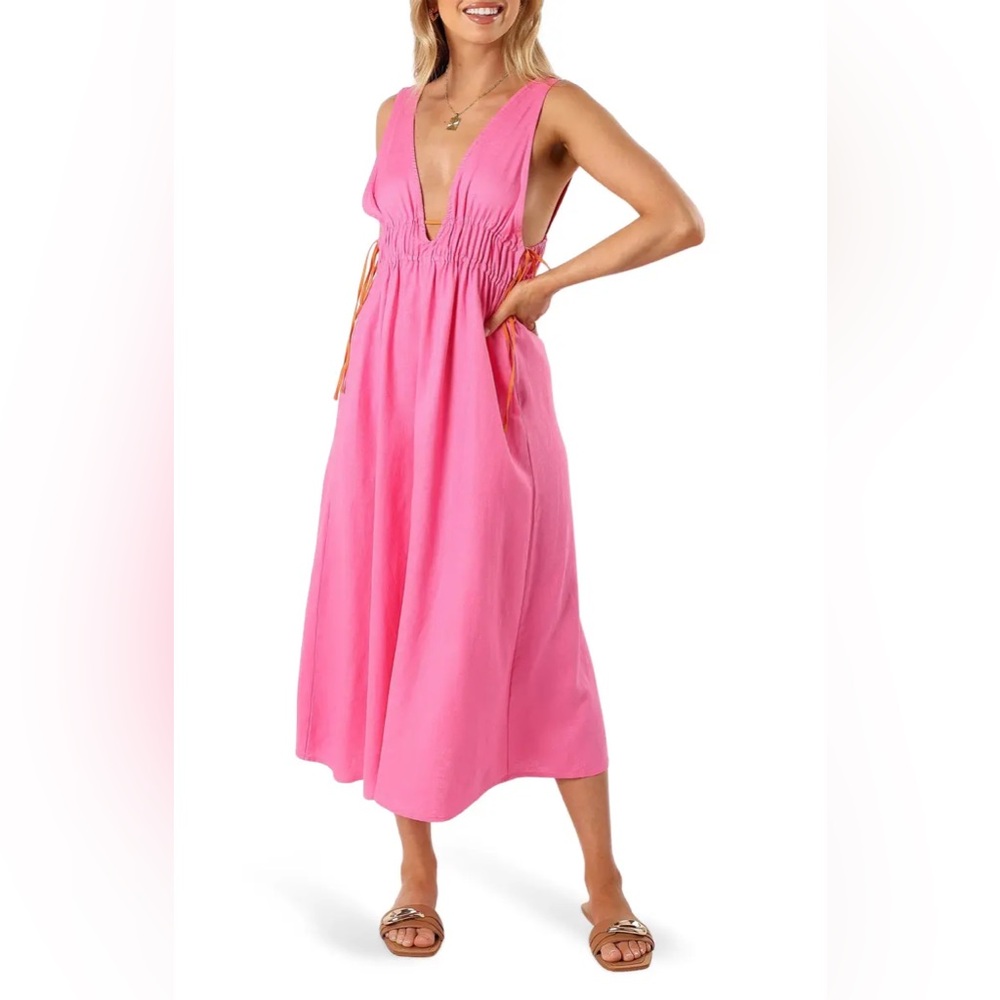 Petal & Pup Lydia Tie Midi Dress Size Medium Pink Linen‎ Cotton NWOT